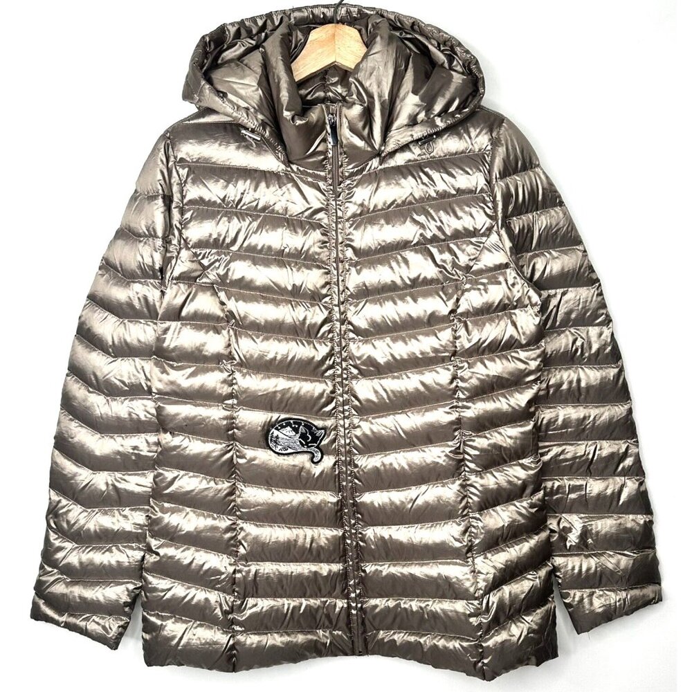 Laura Womens Puffer Coat Down Quilted Detachable Hood Zip Up Patch Gold Size M